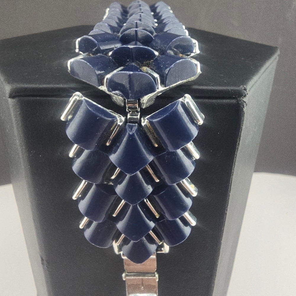 Vintage Estate Bracelet Blue Thermoset Enamel Silver Tone 7.25in